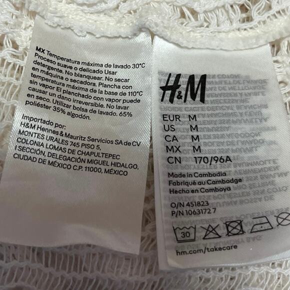 H&M White Crochet Knit Deep V Tie Long Sleeve Beach Cover Up Mini Dress Size M - Picture 7 of 7